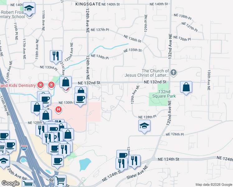 map of restaurants, bars, coffee shops, grocery stores, and more near 12933 127th Drive Northeast in Kirkland