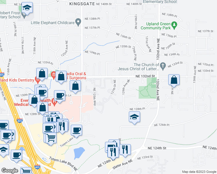 map of restaurants, bars, coffee shops, grocery stores, and more near 12623 Northeast 131st Way in Kirkland