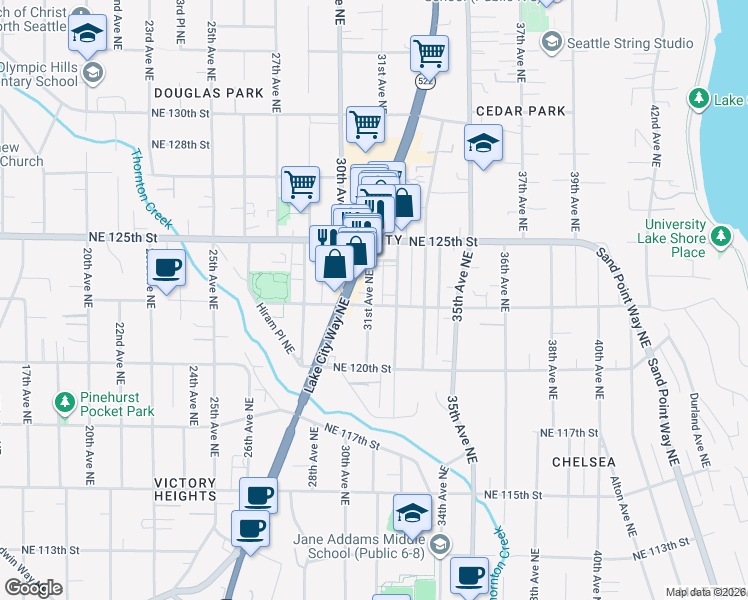 map of restaurants, bars, coffee shops, grocery stores, and more near 12300 31st Avenue Northeast in Seattle