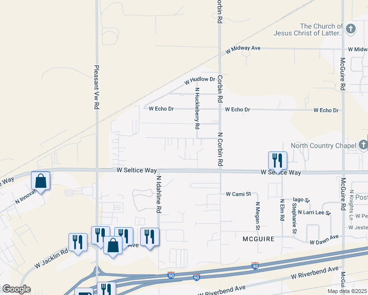 map of restaurants, bars, coffee shops, grocery stores, and more near 911 North Ronald Lane in Post Falls