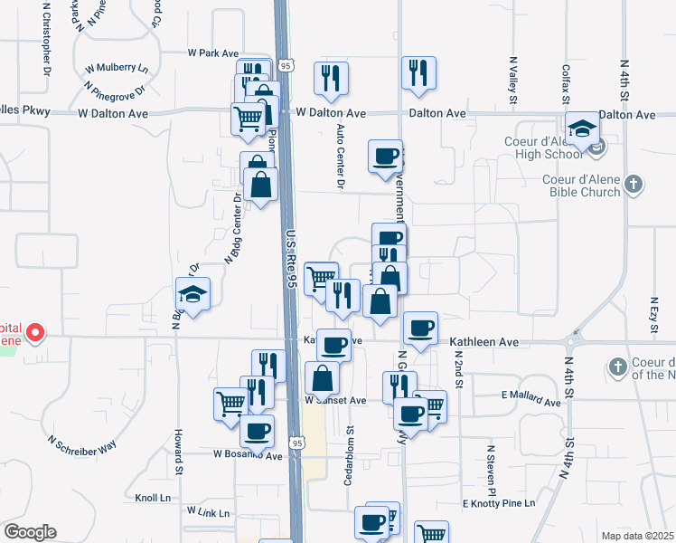map of restaurants, bars, coffee shops, grocery stores, and more near 4400 North Crown Avenue in Coeur d'Alene