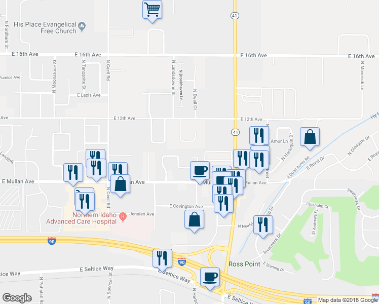 map of restaurants, bars, coffee shops, grocery stores, and more near 1147 North Monarch Avenue in Post Falls