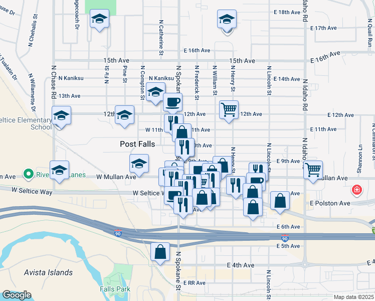 map of restaurants, bars, coffee shops, grocery stores, and more near 1002 North Spokane Street in Post Falls
