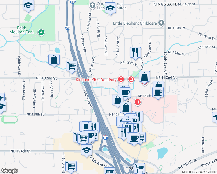 map of restaurants, bars, coffee shops, grocery stores, and more near 11714 Northeast 131st Place in Kirkland