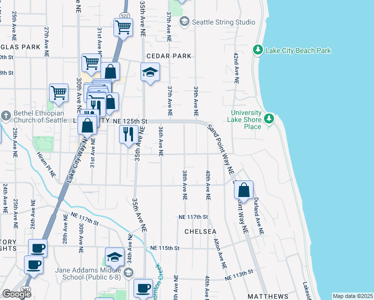 map of restaurants, bars, coffee shops, grocery stores, and more near 12321 38th Avenue Northeast in Seattle
