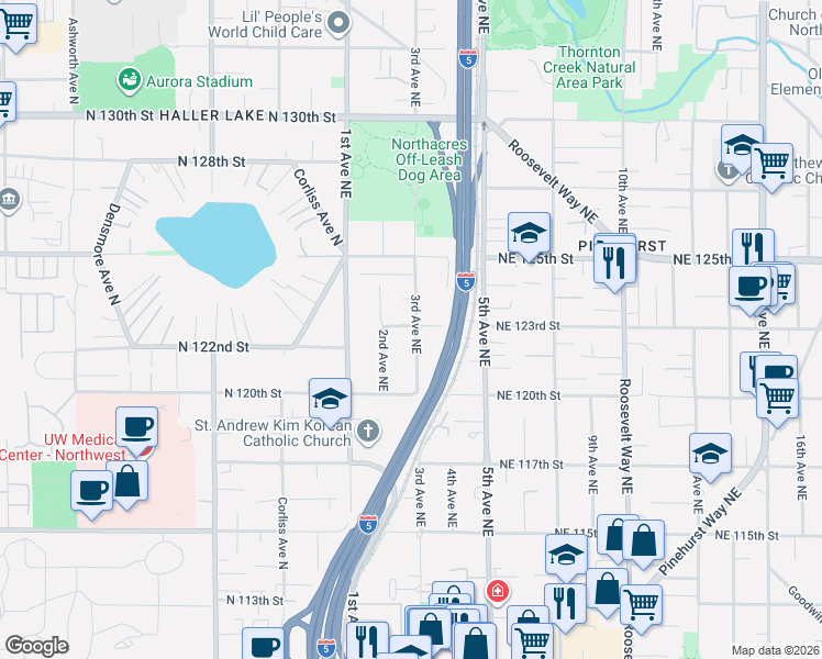 map of restaurants, bars, coffee shops, grocery stores, and more near 12313 3rd Avenue Northeast in Seattle