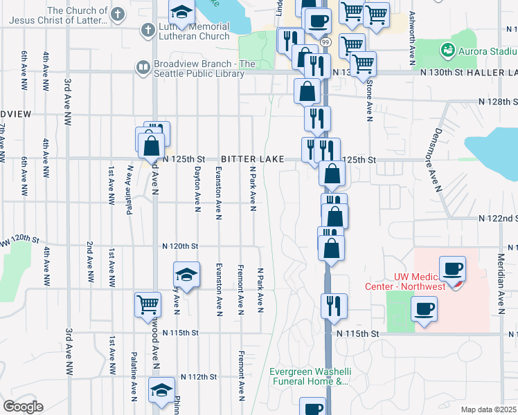 map of restaurants, bars, coffee shops, grocery stores, and more near 12208 North Park Avenue North in Seattle