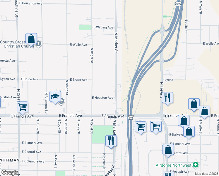 map of restaurants, bars, coffee shops, grocery stores, and more near 6605 North Market Street in Spokane
