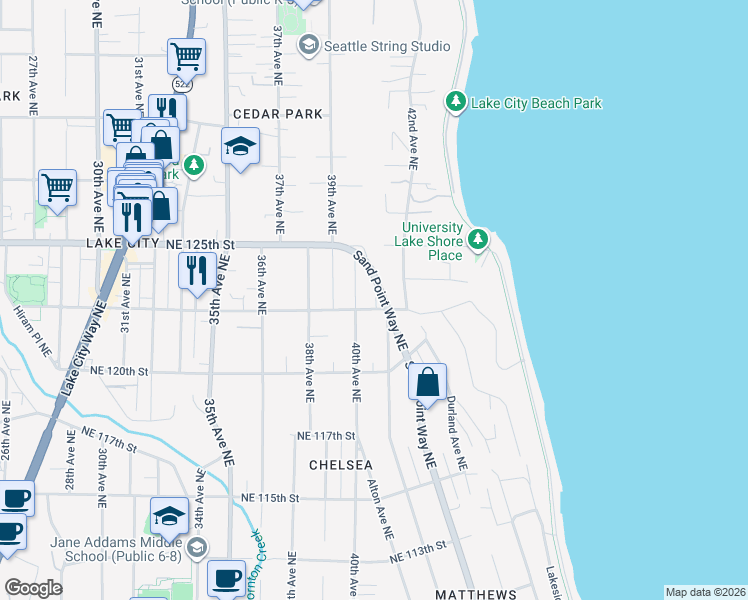 map of restaurants, bars, coffee shops, grocery stores, and more near 4024 Northeast 123rd Street in Seattle