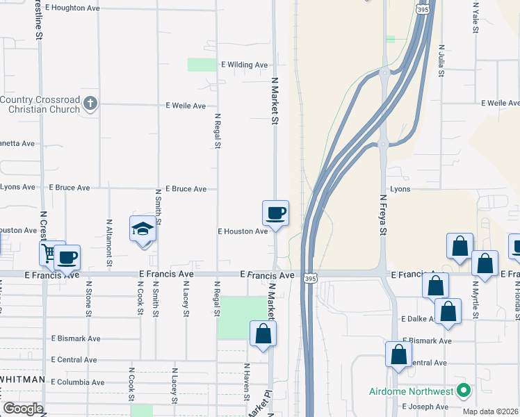 map of restaurants, bars, coffee shops, grocery stores, and more near 6605 North Market Street in Spokane
