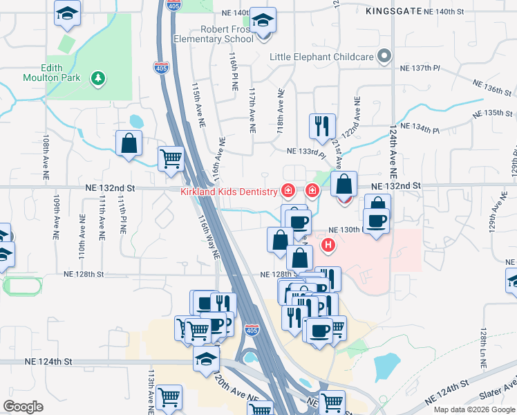 map of restaurants, bars, coffee shops, grocery stores, and more near 11714 Northeast 131st Place in Kirkland