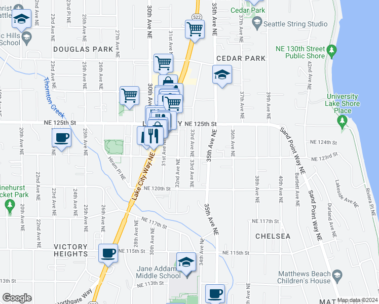 map of restaurants, bars, coffee shops, grocery stores, and more near 12301 33rd Avenue Northeast in Seattle