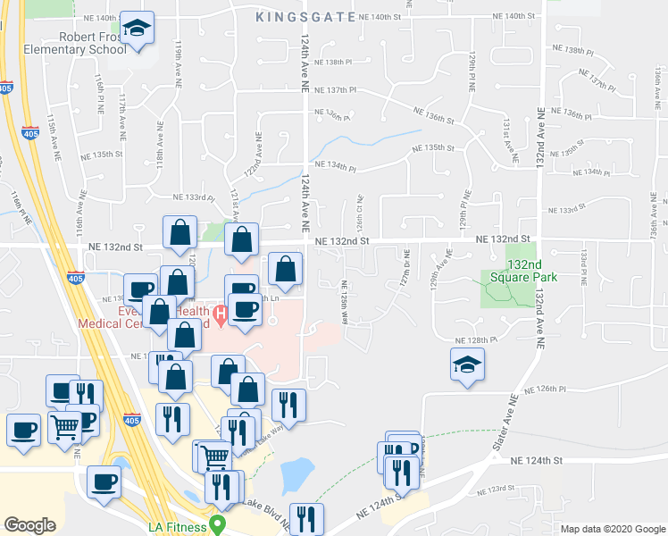 map of restaurants, bars, coffee shops, grocery stores, and more near 12429 Northeast 130th Court in Kirkland