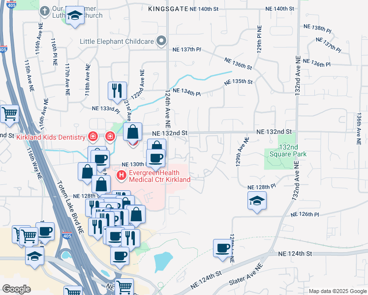 map of restaurants, bars, coffee shops, grocery stores, and more near 12510 Northeast 130th Way in Kirkland