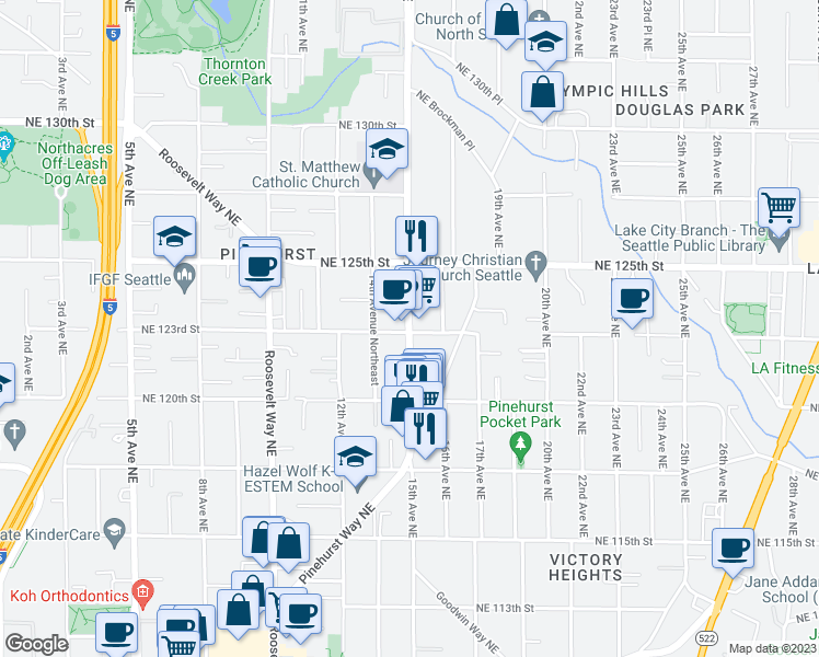 map of restaurants, bars, coffee shops, grocery stores, and more near 12309 15th Avenue Northeast in Seattle