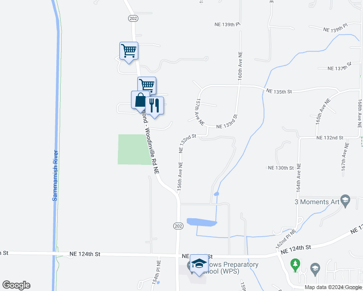 map of restaurants, bars, coffee shops, grocery stores, and more near 15601 Northeast 132nd Street in Redmond