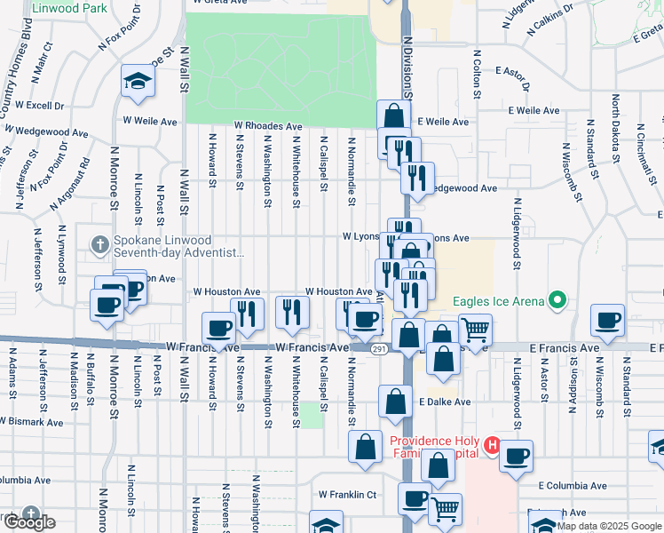 map of restaurants, bars, coffee shops, grocery stores, and more near 6607 North Calispel Street in Spokane