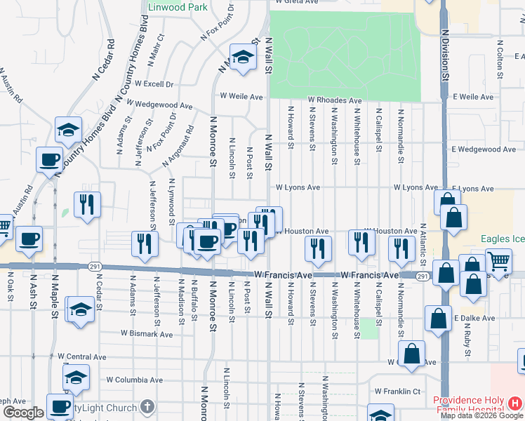 map of restaurants, bars, coffee shops, grocery stores, and more near 721 West Holyoke Avenue in Spokane