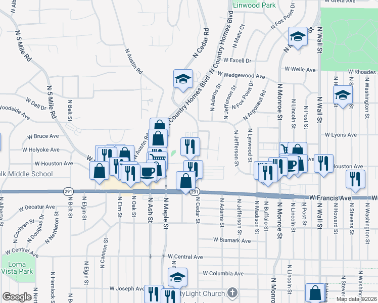 map of restaurants, bars, coffee shops, grocery stores, and more near 6511 North Cedar Road in Spokane