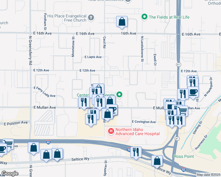 map of restaurants, bars, coffee shops, grocery stores, and more near 3275 Quad Park Court in Post Falls