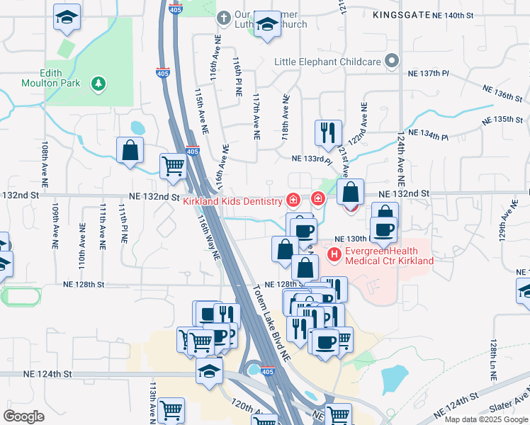 map of restaurants, bars, coffee shops, grocery stores, and more near 11733 Northeast 131st Place in Kirkland