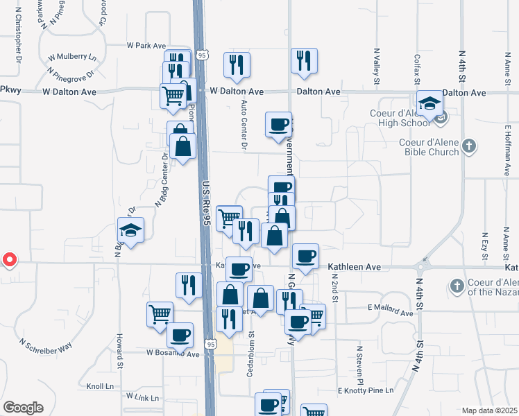 map of restaurants, bars, coffee shops, grocery stores, and more near 4405 Bourbon Drive in Coeur d'Alene