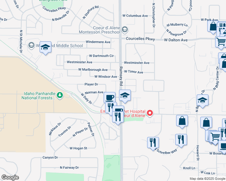 map of restaurants, bars, coffee shops, grocery stores, and more near 4186 North Player Drive in Coeur d'Alene