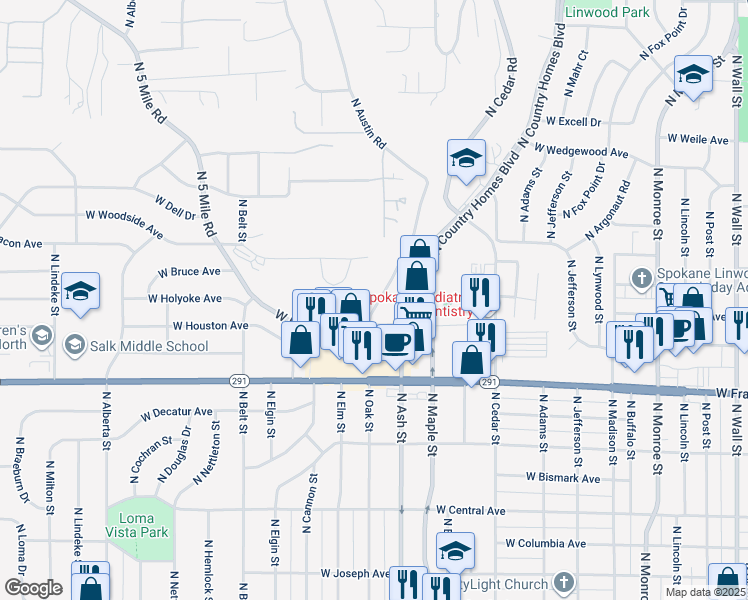 map of restaurants, bars, coffee shops, grocery stores, and more near 6525 North Austin Road in Spokane
