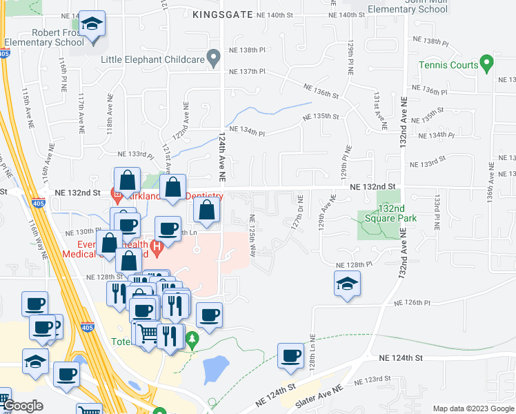 map of restaurants, bars, coffee shops, grocery stores, and more near 12510 Northeast 130th Way in Kirkland