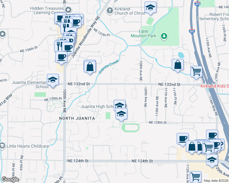 map of restaurants, bars, coffee shops, grocery stores, and more near 10428 Northeast 131st Street in Kirkland