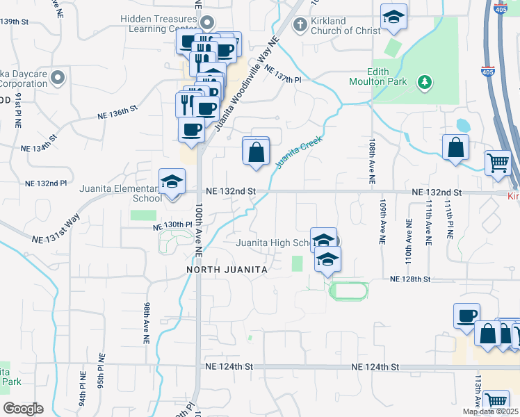 map of restaurants, bars, coffee shops, grocery stores, and more near 13119 103rd Place Northeast in Kirkland