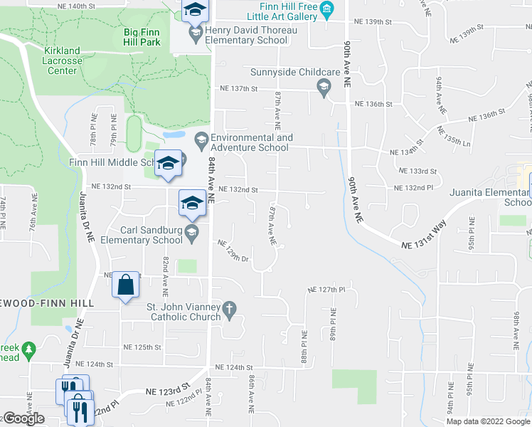 map of restaurants, bars, coffee shops, grocery stores, and more near 13043 87th Avenue Northeast in Kirkland