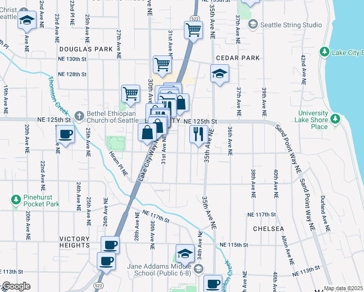 map of restaurants, bars, coffee shops, grocery stores, and more near 12316 32nd Avenue Northeast in Seattle