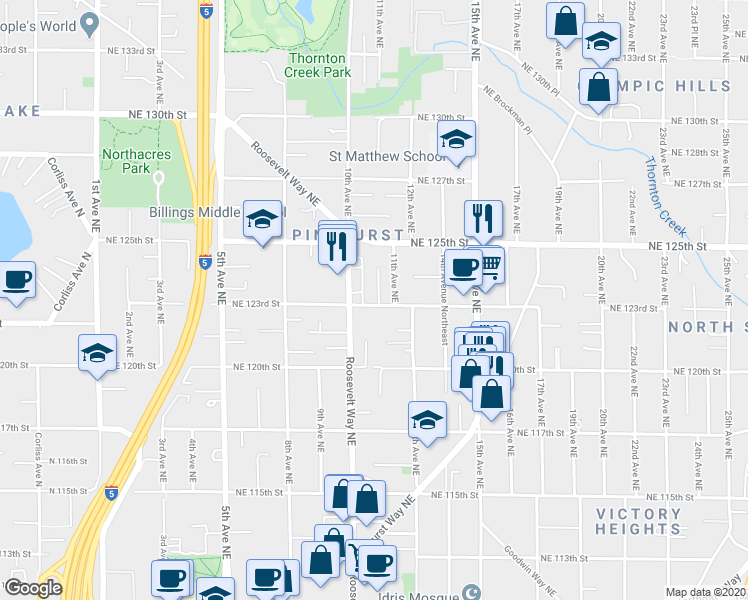 map of restaurants, bars, coffee shops, grocery stores, and more near 12300 10th Place Northeast in Seattle