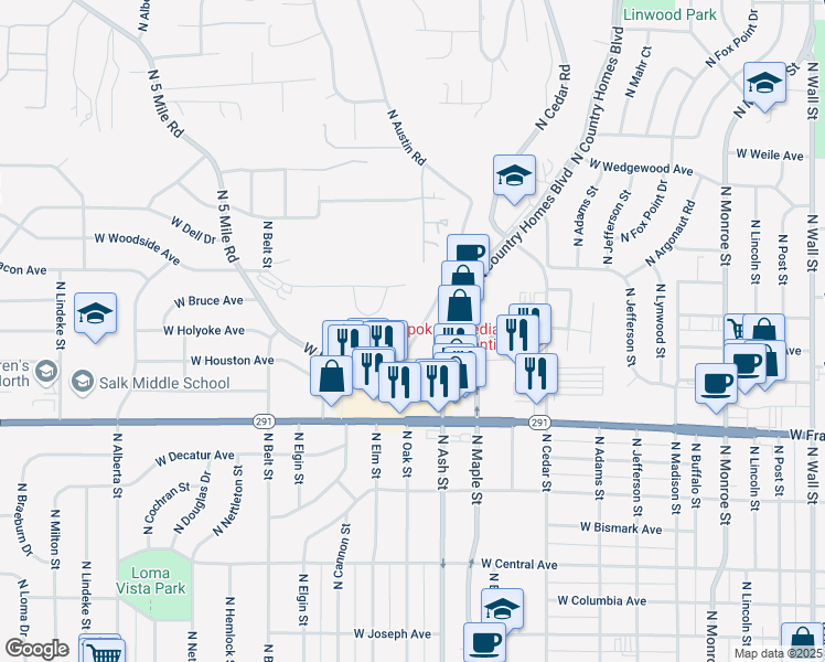 map of restaurants, bars, coffee shops, grocery stores, and more near 6525 North Austin Road in Spokane