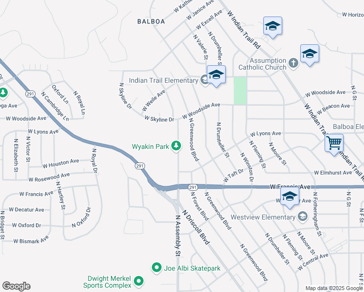 map of restaurants, bars, coffee shops, grocery stores, and more near 6612 North Assembly Street in Spokane