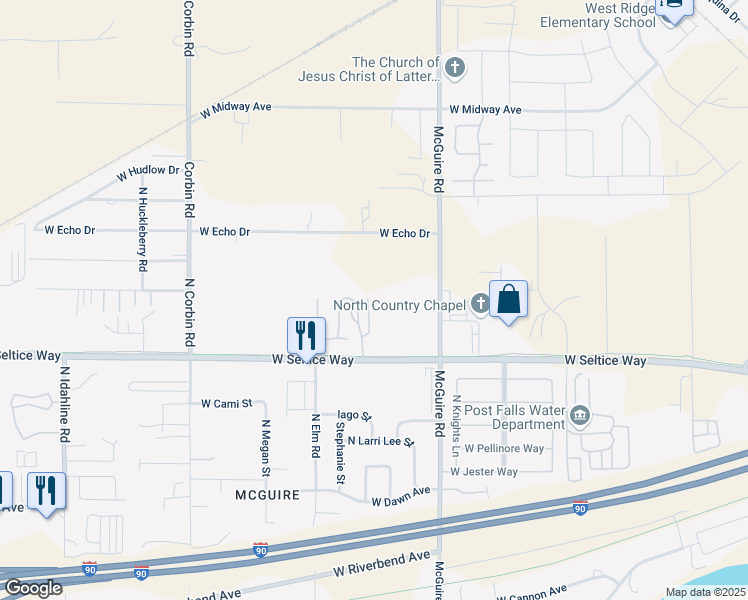 map of restaurants, bars, coffee shops, grocery stores, and more near 1050 North Haven Court in Post Falls