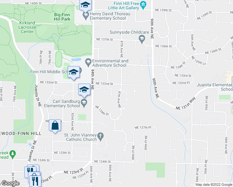 map of restaurants, bars, coffee shops, grocery stores, and more near 13043 87th Avenue Northeast in Kirkland