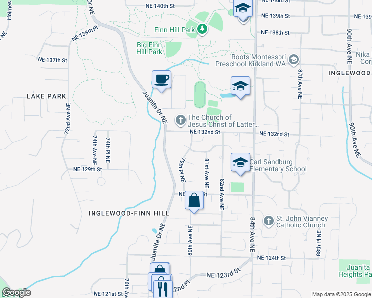 map of restaurants, bars, coffee shops, grocery stores, and more near 7929 Northeast 131st Street in Kirkland