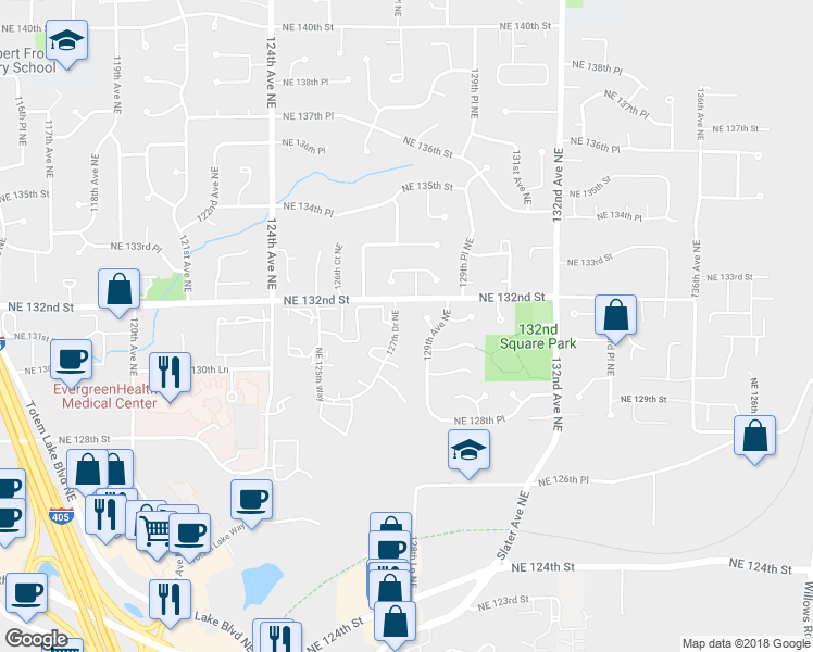 map of restaurants, bars, coffee shops, grocery stores, and more near 12711 Northeast 132nd Street in Kirkland