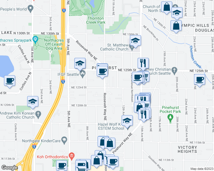 map of restaurants, bars, coffee shops, grocery stores, and more near 12320 Roosevelt Way Northeast in Seattle