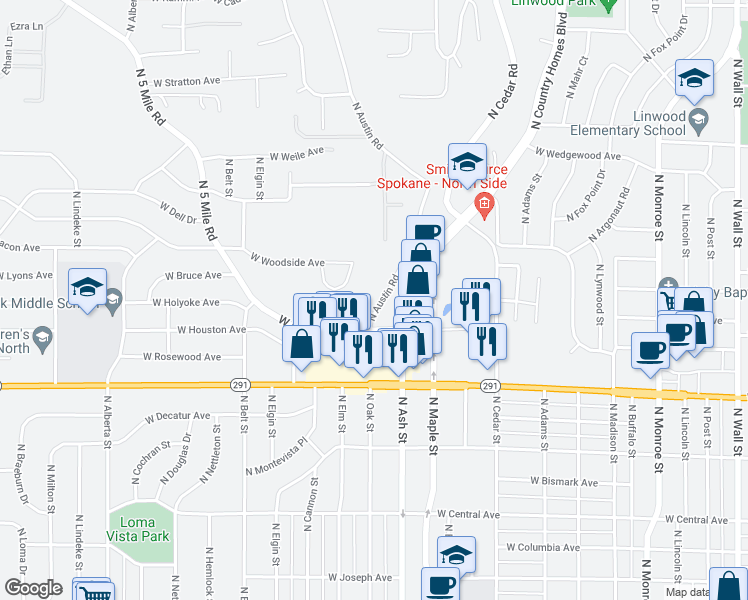 map of restaurants, bars, coffee shops, grocery stores, and more near 6525 North Austin Road in Spokane
