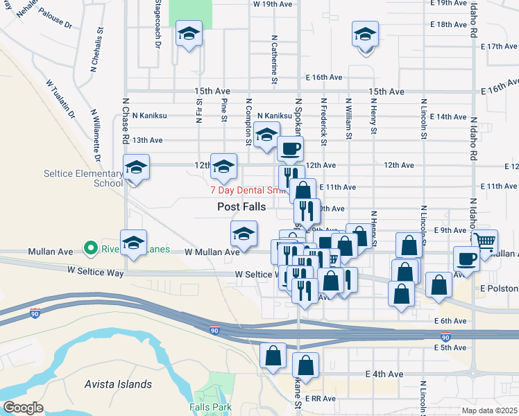 map of restaurants, bars, coffee shops, grocery stores, and more near 206 West 10th Avenue in Post Falls