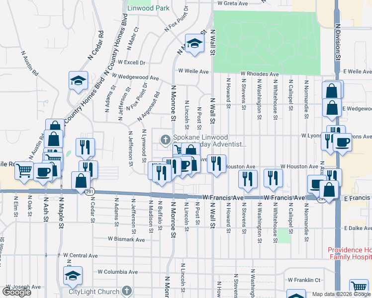 map of restaurants, bars, coffee shops, grocery stores, and more near 819 West Holyoke Avenue in Spokane