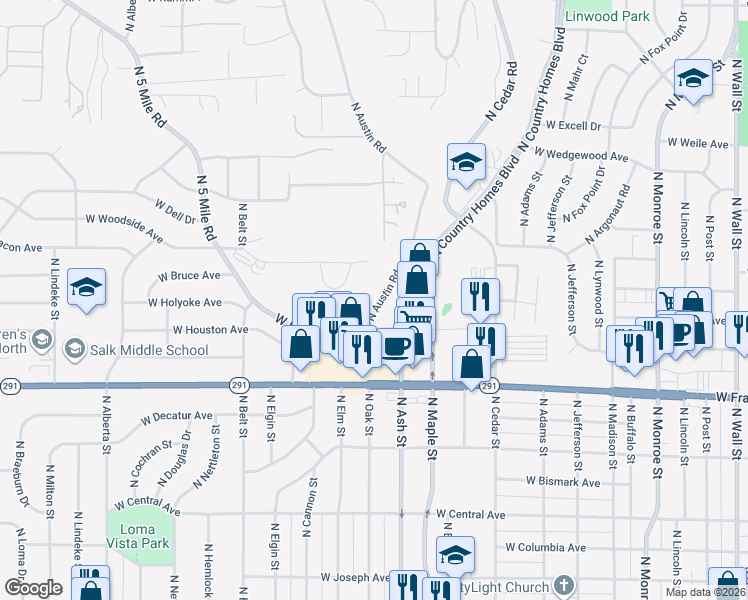 map of restaurants, bars, coffee shops, grocery stores, and more near 6525 North Austin Road in Spokane