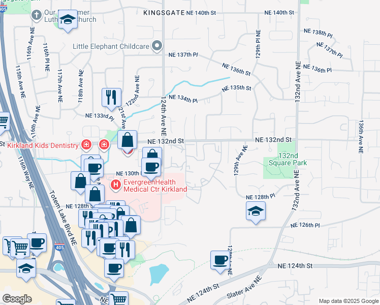 map of restaurants, bars, coffee shops, grocery stores, and more near 12510 Northeast 130th Way in Kirkland