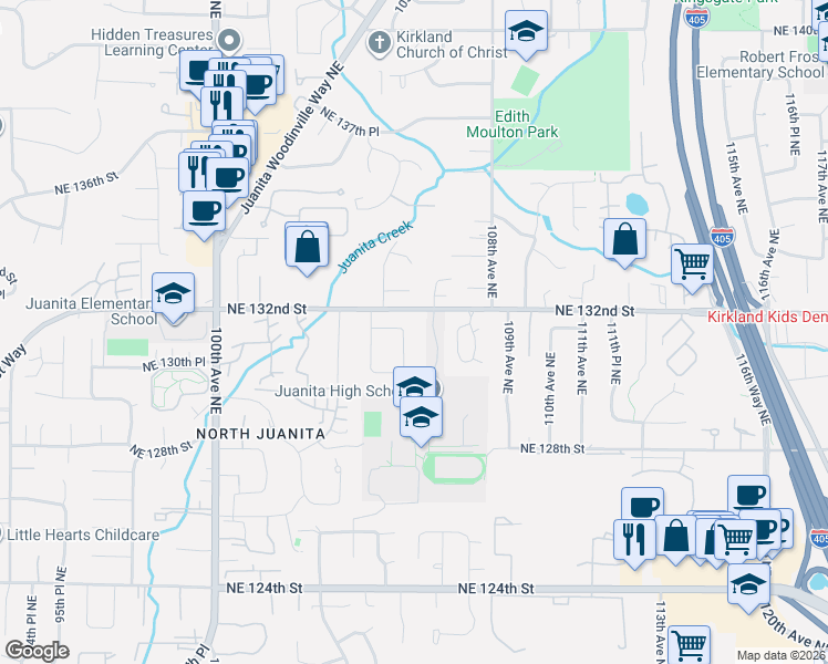 map of restaurants, bars, coffee shops, grocery stores, and more near 10428 Northeast 131st Street in Kirkland