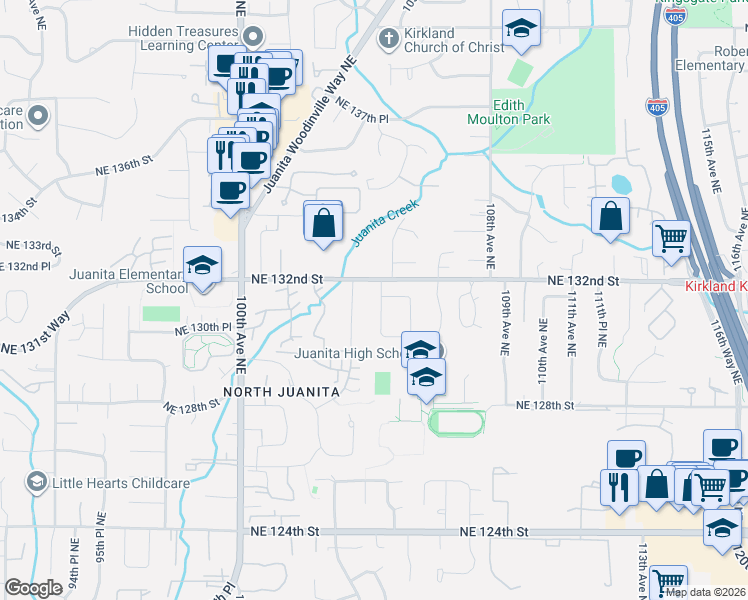 map of restaurants, bars, coffee shops, grocery stores, and more near 13101 104th Place Northeast in Kirkland