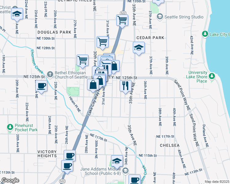 map of restaurants, bars, coffee shops, grocery stores, and more near 12316 32nd Avenue Northeast in Seattle