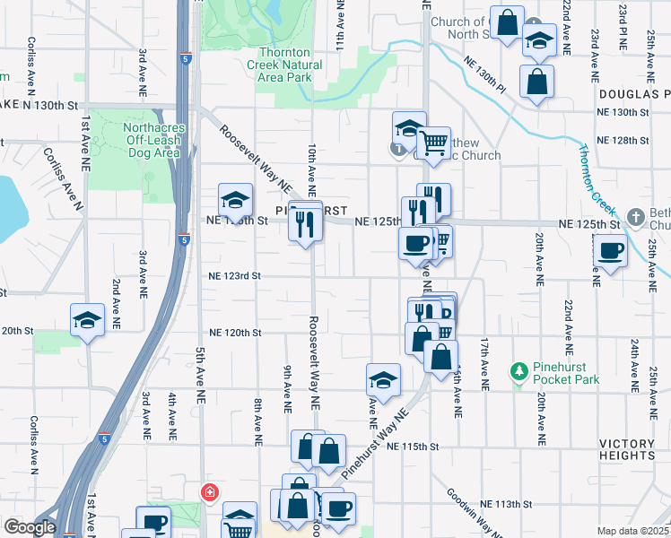 map of restaurants, bars, coffee shops, grocery stores, and more near 12300 10th Place Northeast in Seattle